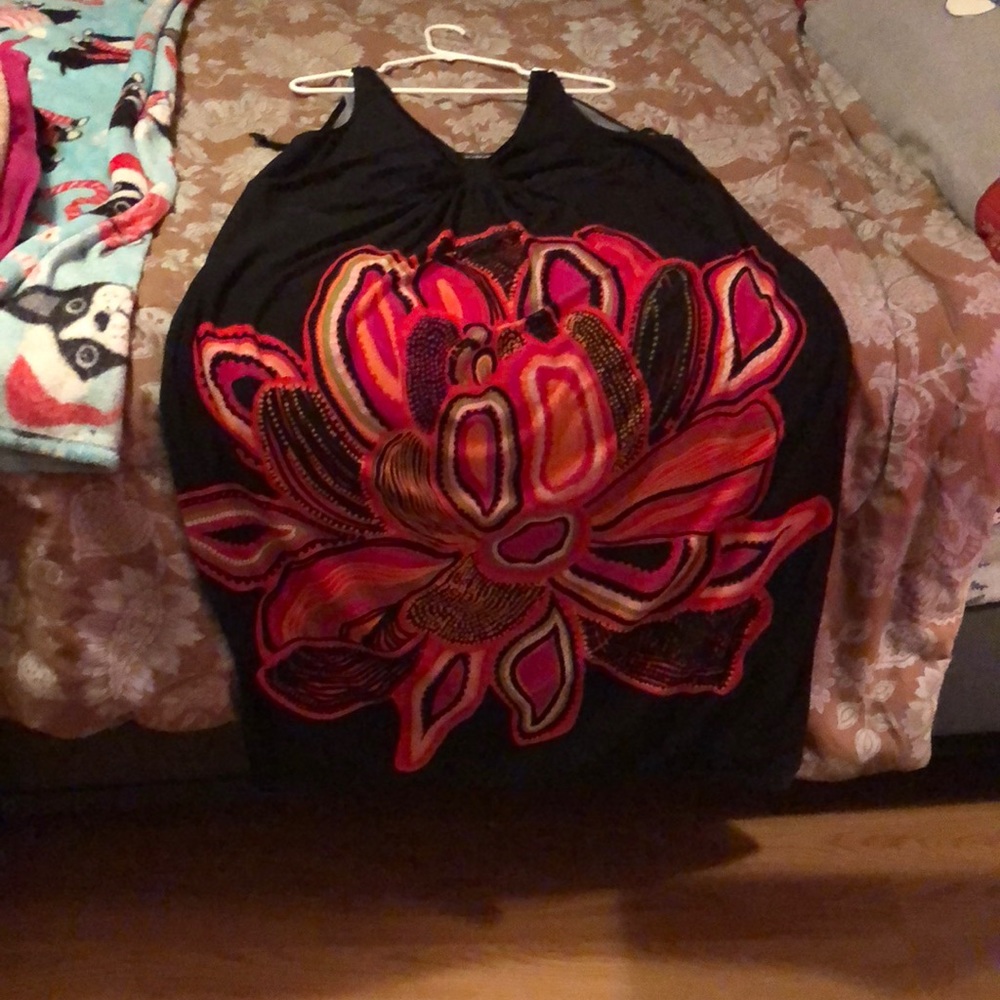 Long colorful flower dress w/ red sweater
